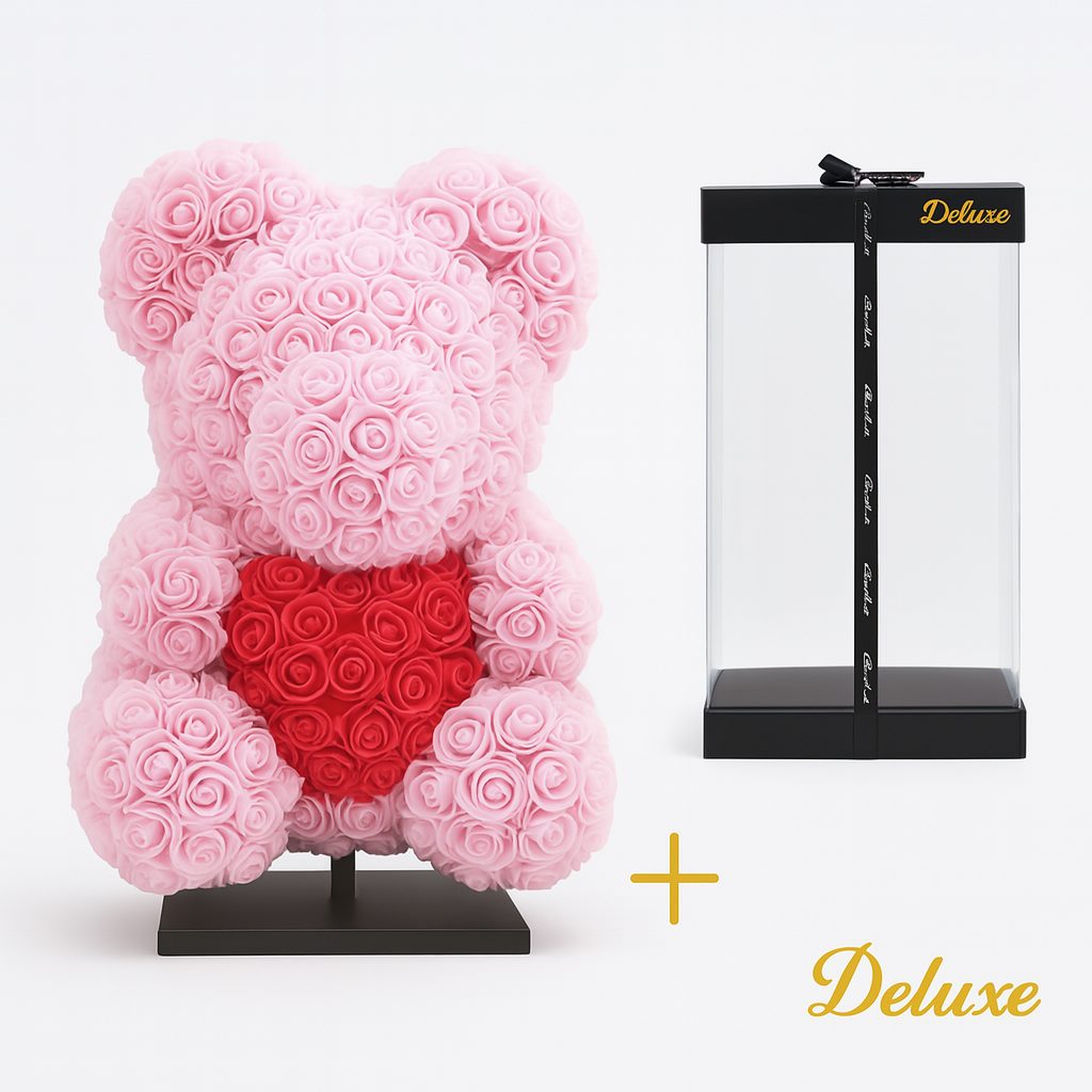 Beer DELUXE op standaard 40cm - lichtroze foam met rood hart - in luxe cadeauverpakking 40 cm