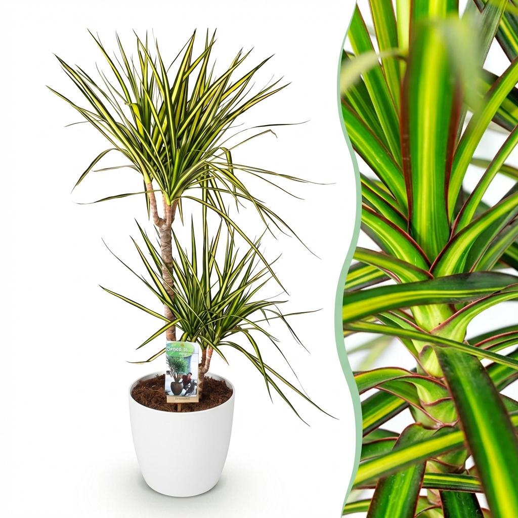 Green BoutiQ - Kamerplanten - Dracaena Sunray - Drakenbloedboom - Weinig onderhoud - Groen - 1 Plant - met Potter Wit - Pot 21cm - Hoogte 90-100cm