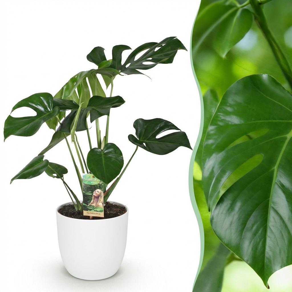 Green BoutiQ - Kamerplanten - Monstera Deliciosa - Gatenplant - Weinig onderhoud - Groen - 1 Plant - met Potter Wit - Pot 21cm - Hoogte 70-80cm