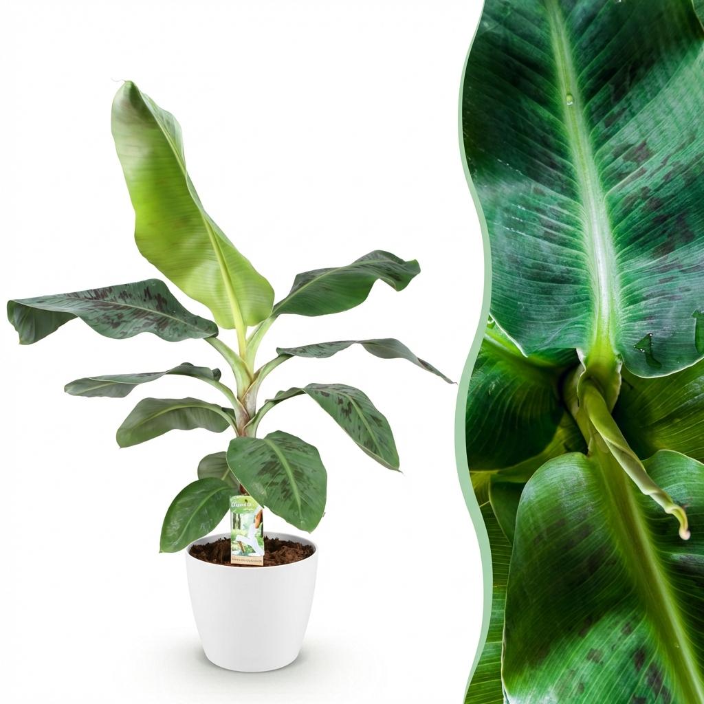 Green BoutiQ - Kamerplanten - Musa acuminata Dwarf Cavendisch - Bananenplant - Weinig onderhoud - Groen - 1 Plant - met Potter Wit - Pot 21cm - Hoogte 70-75cm