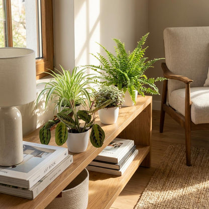 Green boutiQ - Kamerplant - Chlorophytum - Maranta - Calissia - Nephrolepsis - Mix van 4 - Huisdiervriendelijke Planten - Groen - 4 Planten - met Potter Wit - Pot 12cm - Hoogte 25cm