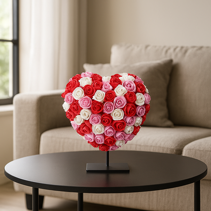 Hart DELUXE op standaard 15cm - Gemixt rood, roze en wit foam - in luxe Cadeauverpakking 15 cm