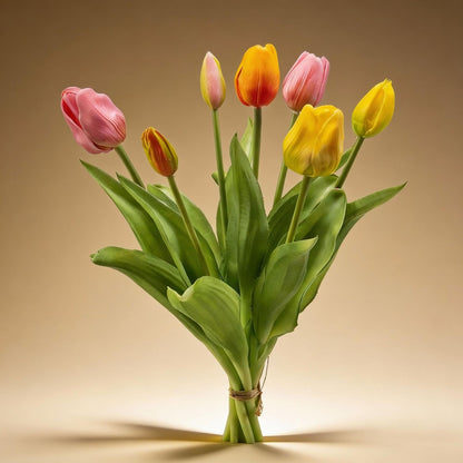Tulpenboeket - Vrolijke Mix - ‘Real Touch’ Kunsttulpen - 7 stelen - 42 cm