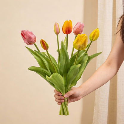 Tulpenboeket - Vrolijke Mix - ‘Real Touch’ Kunsttulpen - 7 stelen - 42 cm
